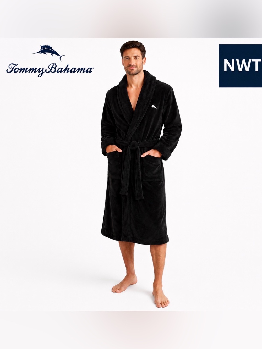 Tommy Bahama Black Plush Robe S/M Belted Shawl Collar Cozy NWT Lounge New